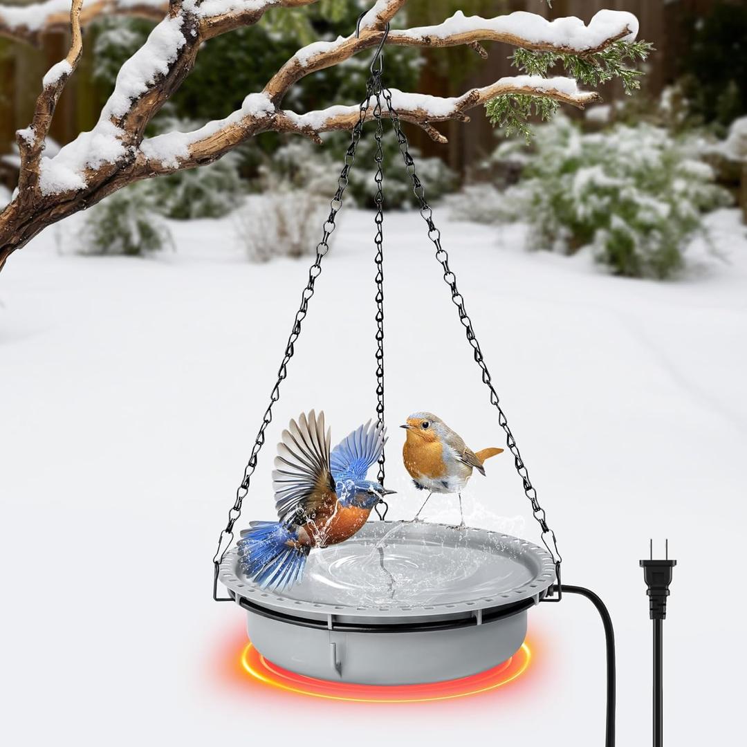 Adnee Hanging Heated Birdbath for Winter Outdoor, 100W Thermostatical Heated Bird Bath with Power Cord, Hanging Garden Bird Bath for Outside Patio Yard Decoration