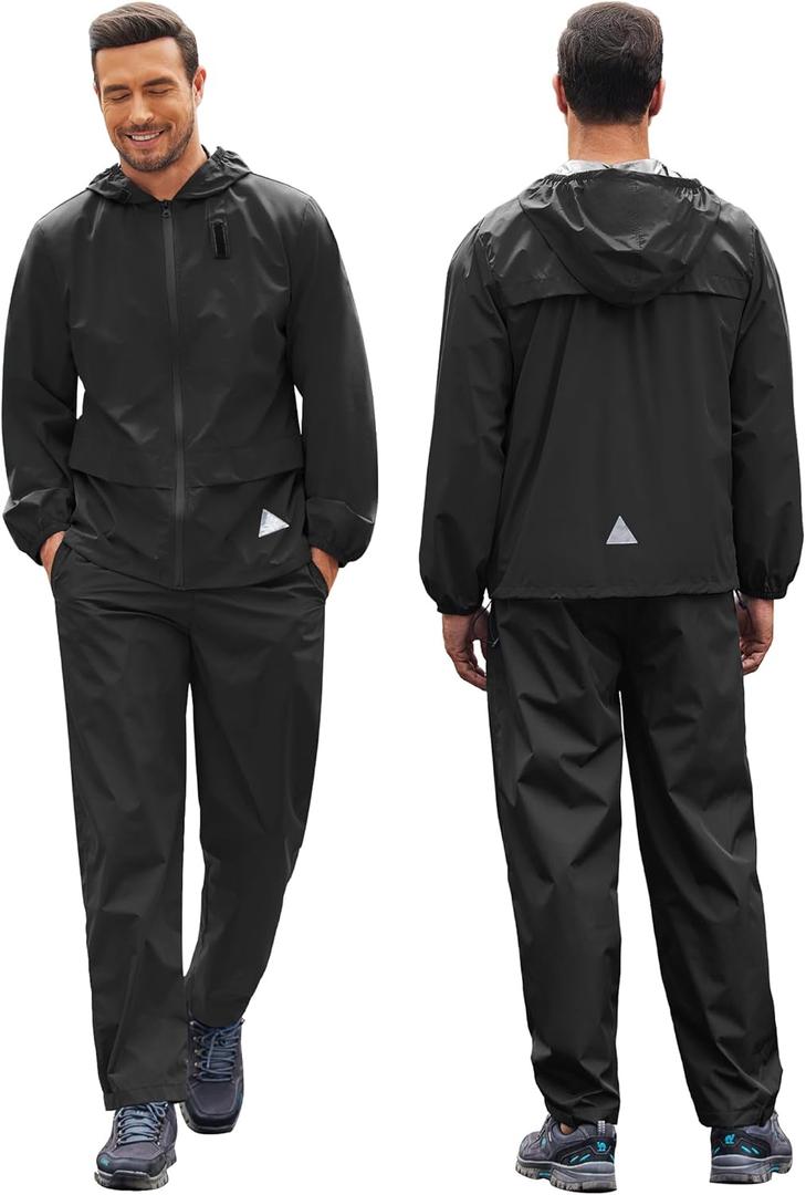 COOFANDY Men's Rain Suit 2 Piece Waterproof Breathable Rain Gear Lightweight Rain Jacket Pants Rainwear Suit (X-Large, Black)