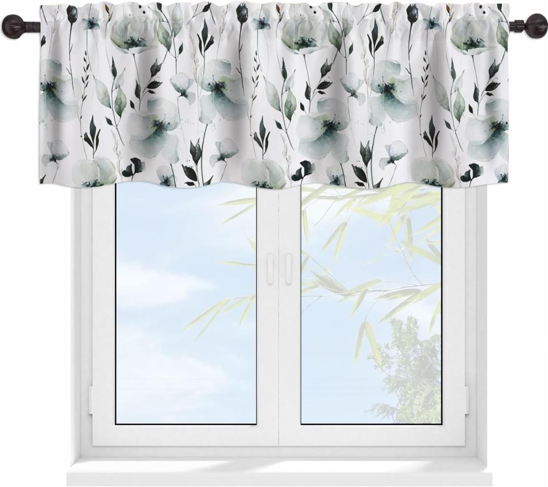 Grey Green Floral Valance Curtains for Windows Abstract Watercolor Botanical Modern Rod Pocket Decorative Window Valance for Kitchen Bathroom Bedroom Living Room Closet, 54x18 Inch