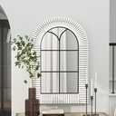 36x24 inches Wooden White Arch Window Mirror with Grid Frame, Decorative Arched Vanity Wall Mirrors for Bedroom Dresser, Bathroom, Living Room, or Entryway Decor