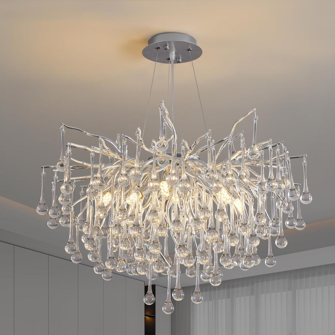 Upfelw Modern Crystal Raindrop Chandelier, Silver Round Art Deco Tree Branch Lighting Fixture for Dining Room Living Room Foyer 13 Lights D31.5''