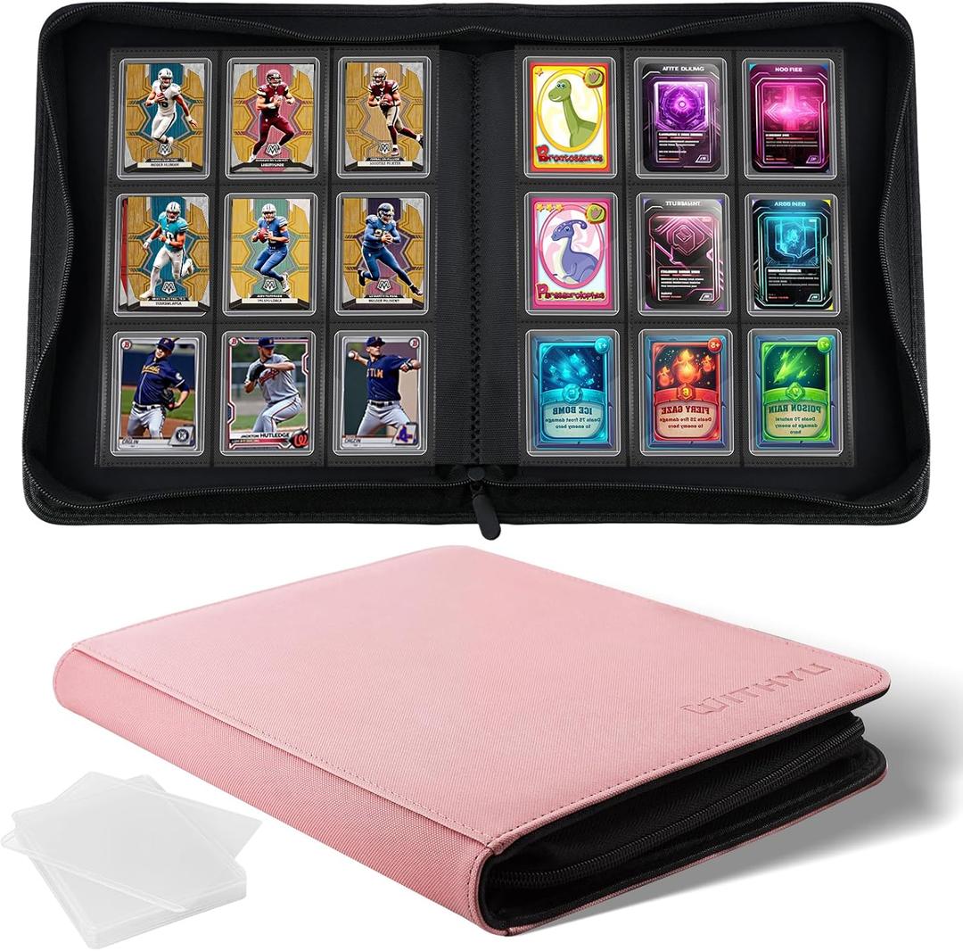 WITHYU Toploader Binder Holds 360 Top Loaders, 9 Pocket Ringless Card Holder for 3" x 4" Rigid Cards, Trading Card Album with 20 Toploaders for Sports, TCG, MTG (Pink)