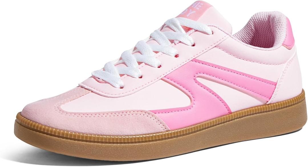 Women's Retro Sneakers Vintage Leather & Suede Patchwork Casual Shoes with Recyclable Material Insole Trendy Non-Slip Cushion for Streetwear & Daily Outfits (Pink)