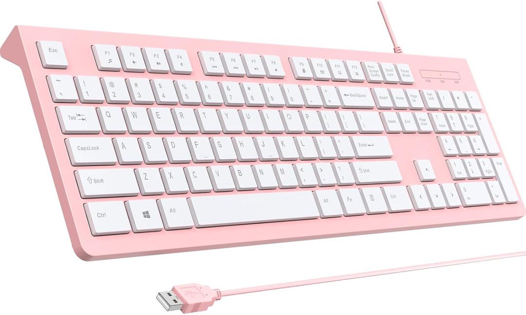 Computer Keyboard Wired, Plug Play USB Keyboard, Low Profile Chiclet Keys, Large Number Pad, Caps Indicators, Foldable Stands, Spill-Resistant, Anti-Wear Letters for PC Laptop (Pink, 1-Pack)