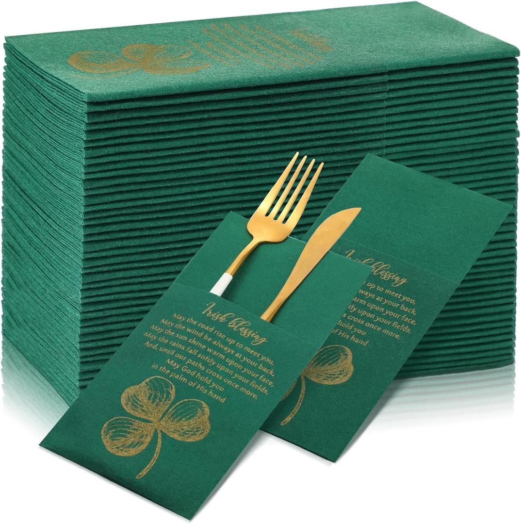 Tenceur 50 Pcs St. Patrick's Day Irish Blessing Paper Napkins 16x16'' Disposable Green Paper Napkins with Built in Flatware Pocket for Family Dinner Party Supplies Restaurants Daily Dinners