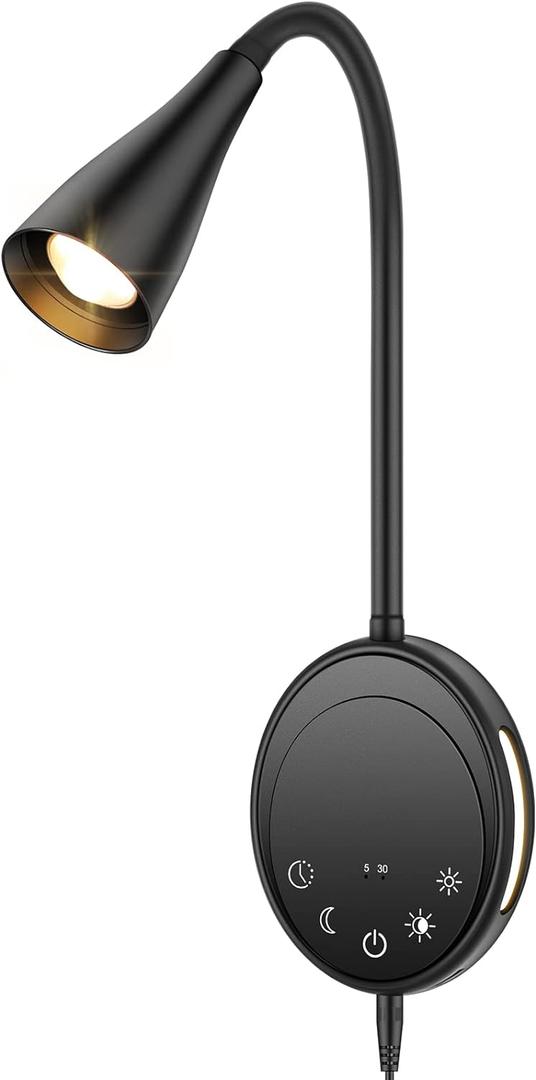 SANKEDOU Wall Mounted Reading Light, Bedside Headboard Lights with 5 Dimming & Color Temperature, USB Output, Night Light & Timers Function, Flexible Gooseneck 3000K-6000K Upgrade Bed Lamp (Black)