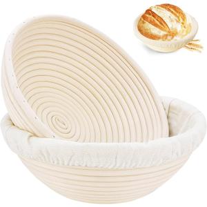 Banneton Bread Proofing Basket Set of 2, Rattan Proofing Baskets for Sourdough Bread | Banneton Bowls with Linen Liners | Natural Rattan Dough Rising Baskets for Artisan Homemade Bread Baking
