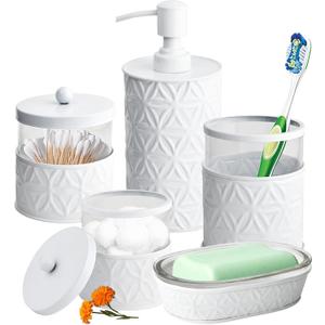 Autumn Alley White Bathroom Accessories Set, 5 Pieces, Bathroom Decor - Soap Dispenser Bathroom/Lotion Dispenser, Toothbrush Holder, 2 Glass Apothecary Jars (Qtip Holder), Soap Holder