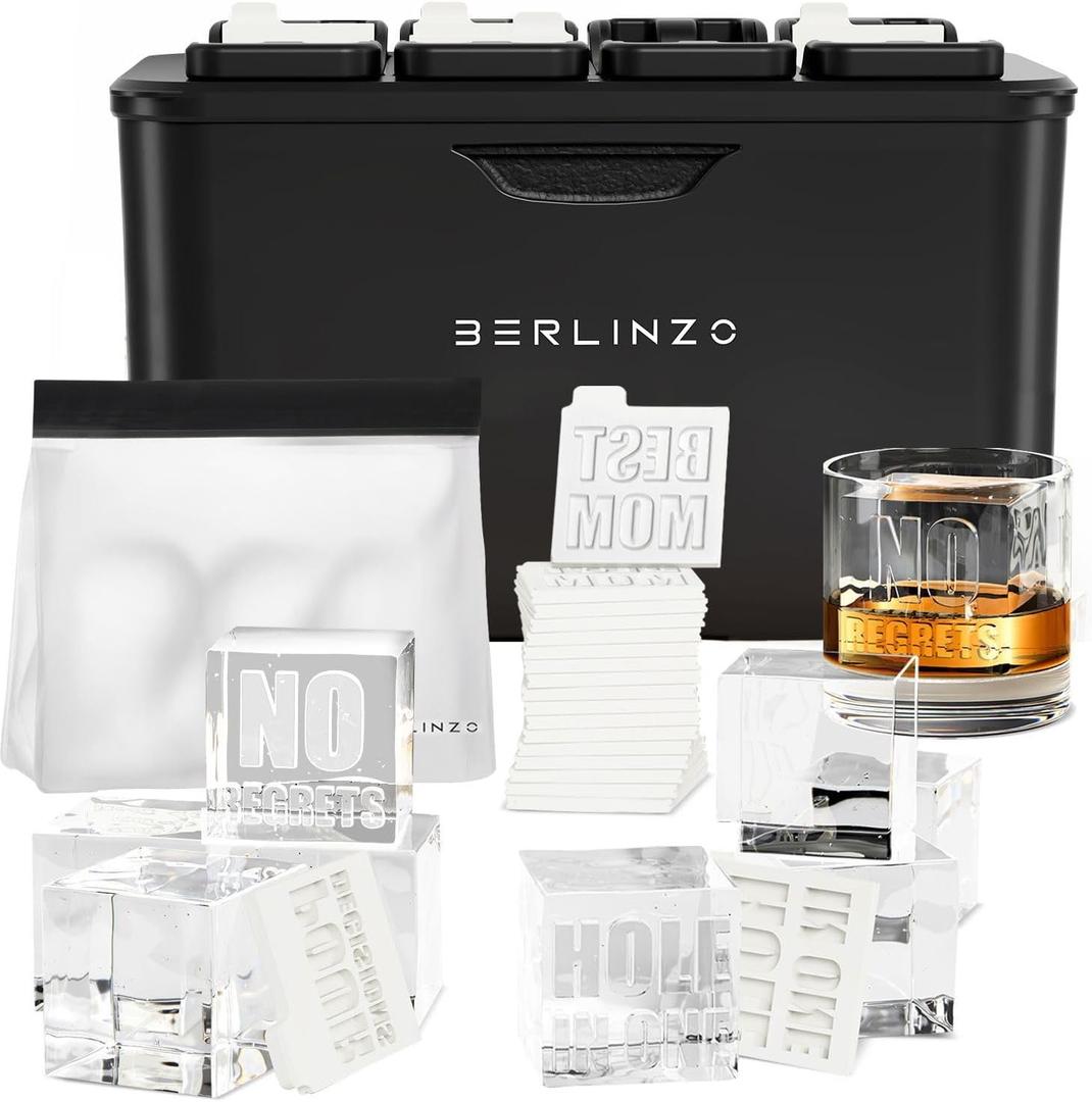 Berlinzo Premium Clear Ice Cube Maker with Conversation Ice Prints  8 Large 2.1" Crystal Clear Ice Squares  Giftable Idea for Party, Game Night & Just for Fun  Includes Storage Bag (Non-Electric)