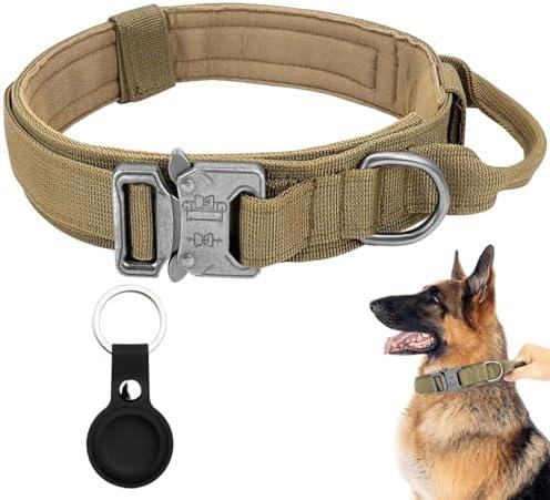 Tactical Military Dog Collar - Adjustable Nylon with Control Handle & Heavy Metal Buckle for Medium & Large Dogs (XL, Brown) with Airtags Case