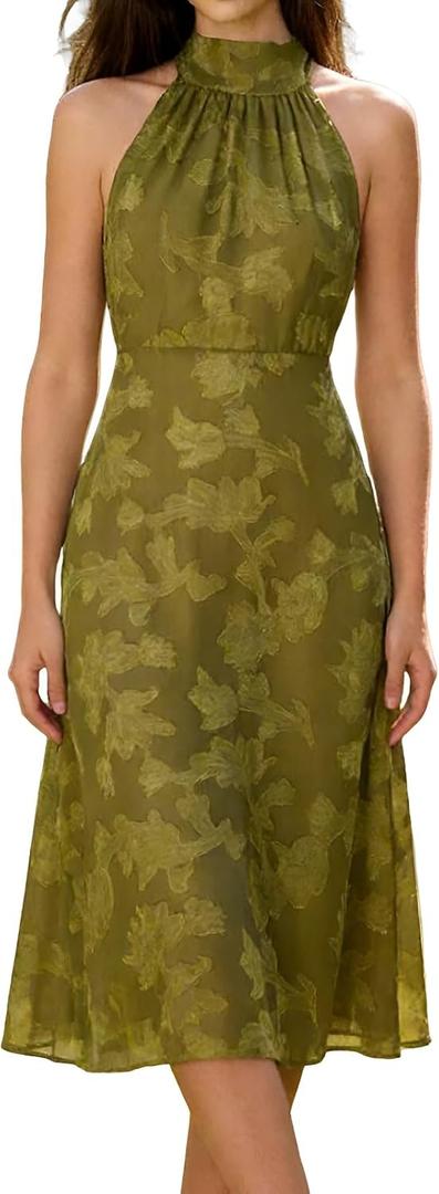 RIHOAS Women Casual Dress Halter Neck Sleeveless Floral Print Flowy A-Line Midi Sundress Beach Vacation Summer Dress (XS)