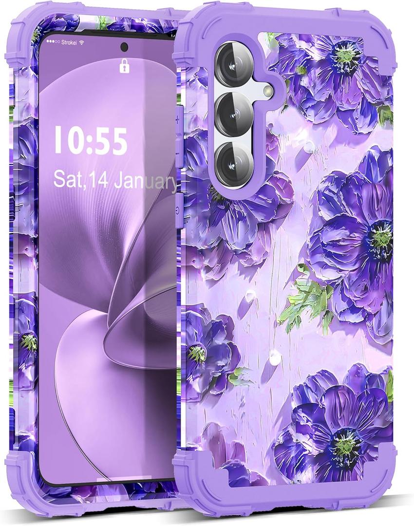 for Galaxy S25 Plus 5G Case,3 in 1 Oil Painting Flower Pattern Heavy Duty Protection Silicone Rubber Bumper+Hard Plastic Protective Cover for Samsung Galaxy S25 Plus,Purple
