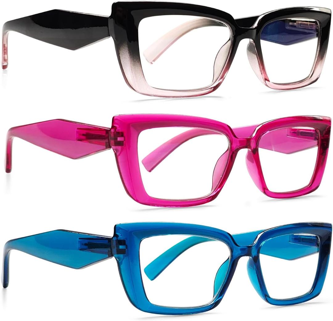 Stylish Blue Light Blocking Reading Glasses for Women 3 Pack with Spring Hinge, Multiple Strengths (3 Mix Color)