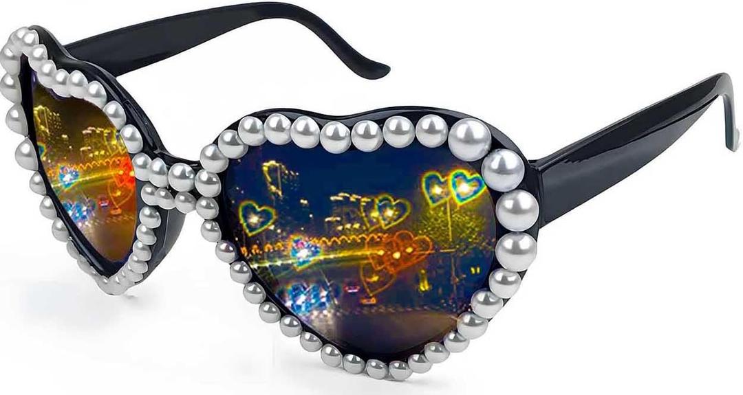 Pearl-Studded Heart Diffraction Glasses for Women, Diffraction Fashion Party Glasses Turn the Light Into Rainbow Heart Shape for Rave/Concert/Disco/Festivals/Bar Night Club/Fireworks Show