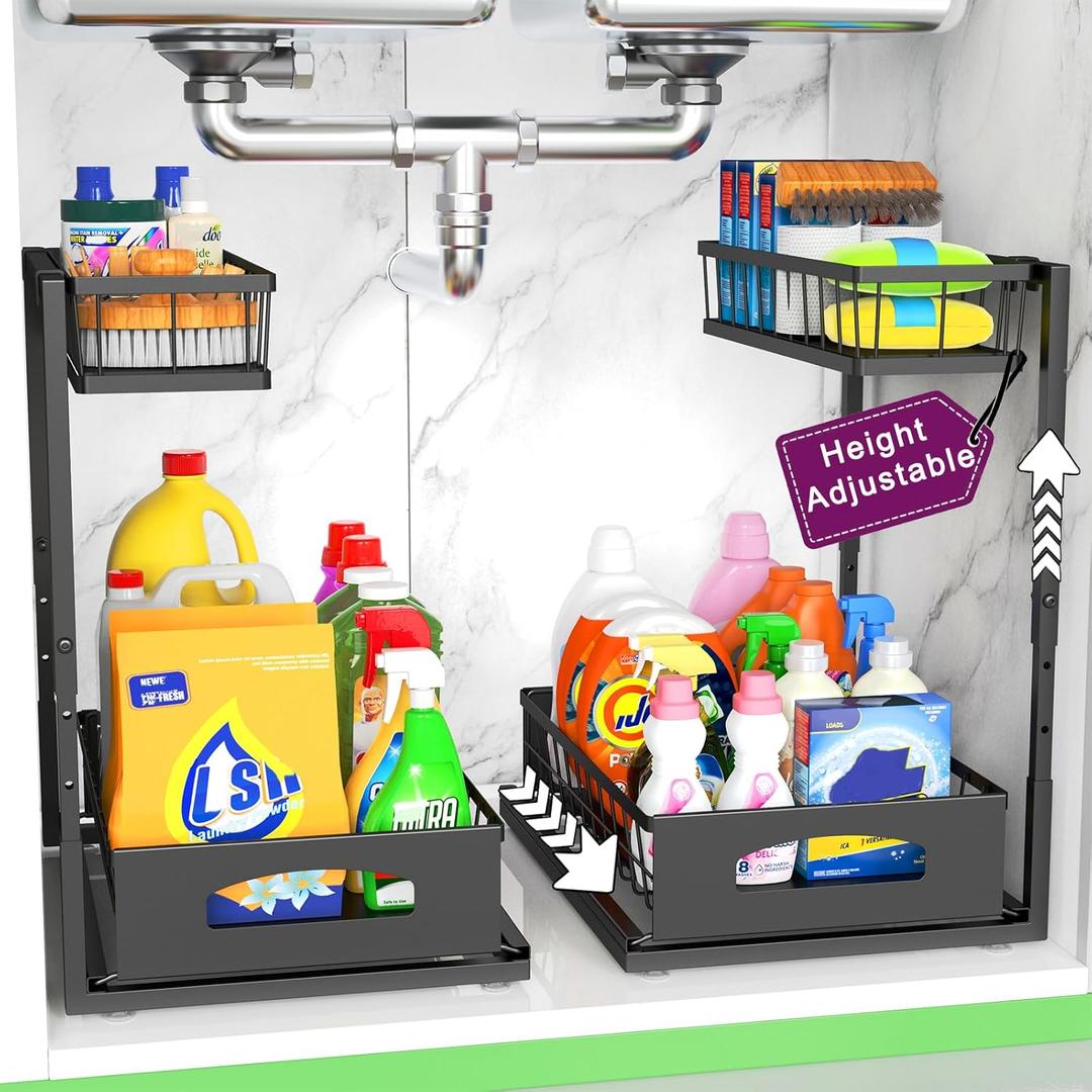 Under Sink Organizer, 2 Packs Height Adjustable Under Sink Storage, Pull Out Cabinet Storage Shelves, Slide Out Drawer for Kitchen Bathroom Pantry. (Black, 2 Pack)
