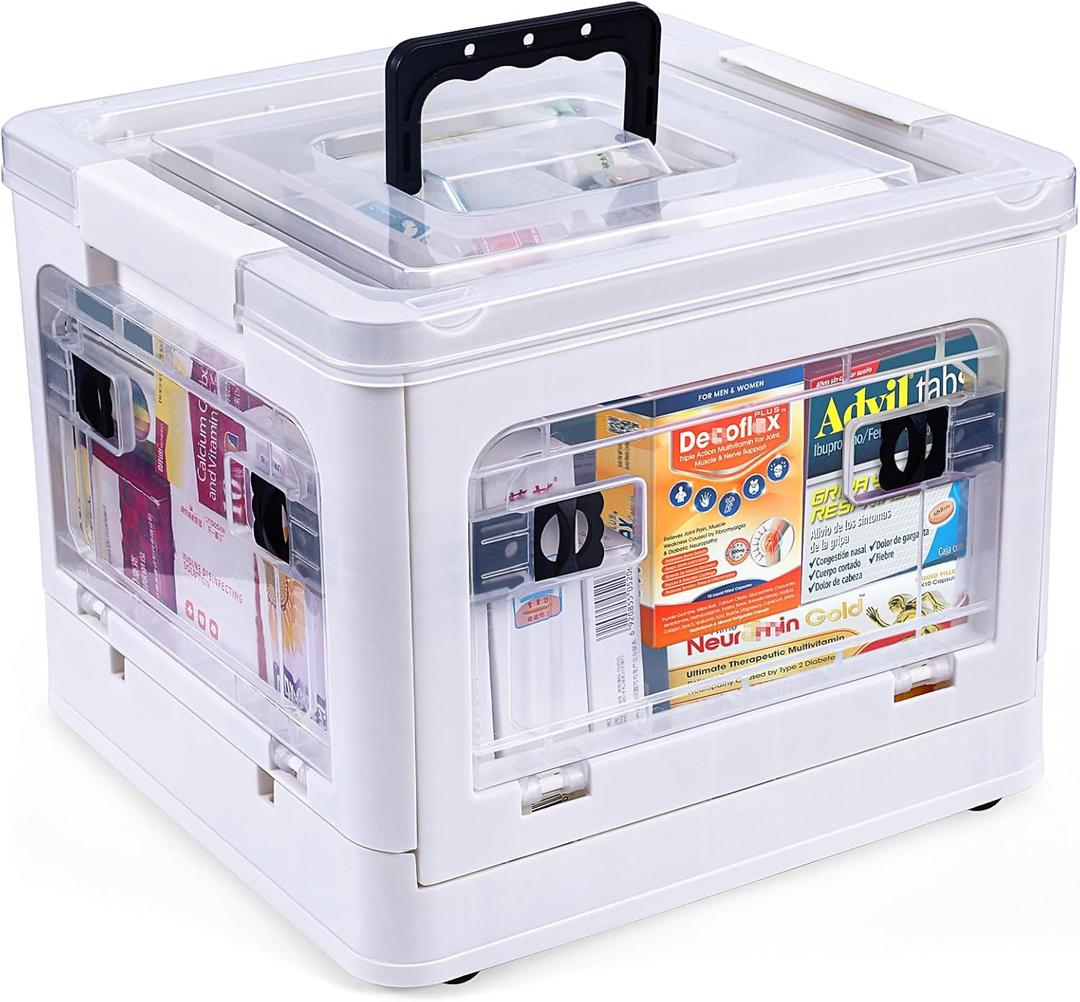 18QT Medicine Storage Box with Handles, Large Capacity First Aid Box, Clear Medical Supply Organizer with Removable Tray, Multipurpose Plastic Medicine Chest with Wheels