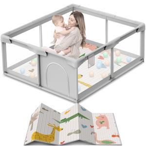 Baby Playpen 50x50 Inch Baby Playpen with Mat, Play Pen for Babies and Toddlers, Playard with Gate, Sturdy Safety Fence, Indoor & Outdoor Kids Activity Center (Grey)
