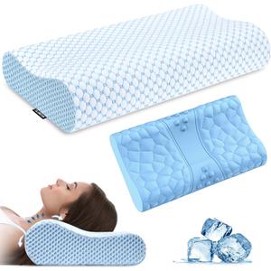 Neck Pillow Memory Foam Pillows - Cooling Neck Support Pillow for Pain Relief, Ergonomic Cervical Pillow for Sleeping, Orthopedic Contour Bed Pillow for Side, Back & Stomach Sleepers (Blue & Blue)