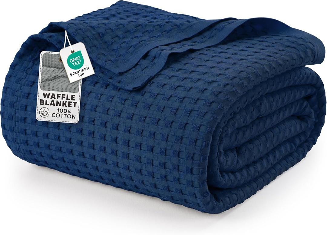 Utopia Bedding Navy 100% Cotton Waffle Blanket 300 GSM [King - 90x108 Inch] Soft Lightweight Breathable Bed Blanket for All Season
