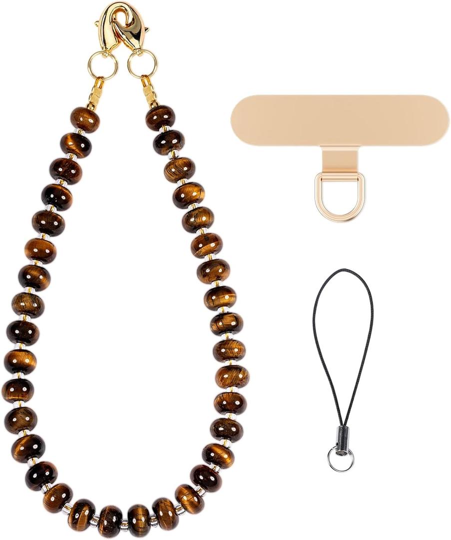 Gemstone Beaded Phone Charm Wrist Strap with Steel Cable Core Stringing, Detachable Phone Bracelet Strap with Metal Tether Tab