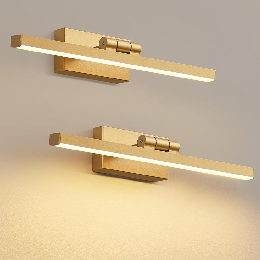 PUSU Rechargeable Picture Light Set of 2, Gold LED Cordless 13 inch Wall Mount Art Lamp with Remote, 2700K Dimmable Battery Powered Display Lights for Artwork Painting Living Room, Bedroom, Hallway