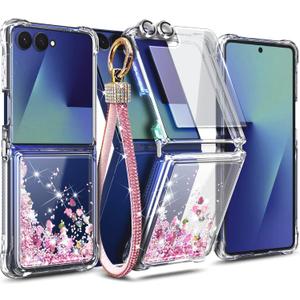 NGB Designed for Samsung Galaxy-Z-Flip-7 Case, Rose Gold | Glitter Liquid Sparkle Cute Cover for Women Girls | with Tempered Glass Screen Protector & Camera Lens Protector & Diamond Wrist Strap