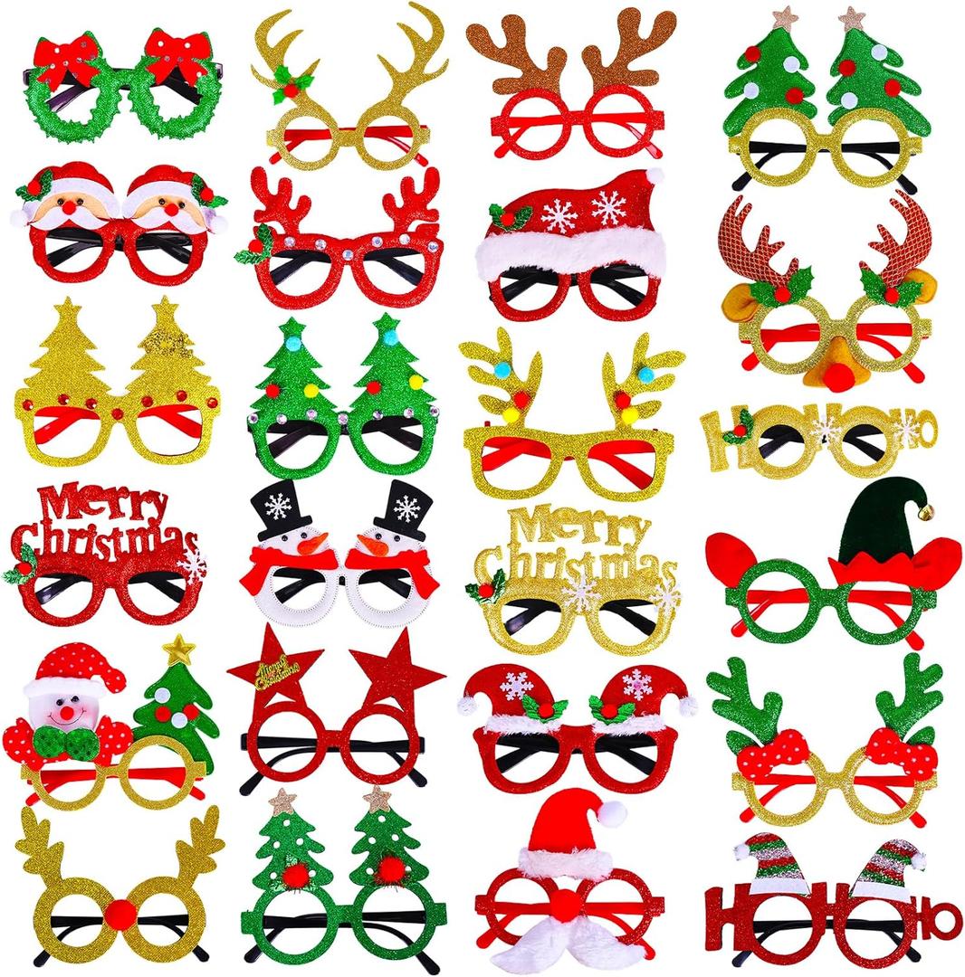 Max Fun 24pcs Christmas Glitter Party Glasses Frames with 24 Designs Decorations Accessories for Christmas Party Favors Holiday Favors (One Size Fits All)