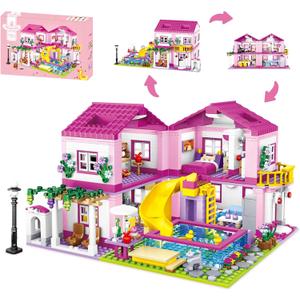 Pink Summer Pool Villa Building Block Set Friends Construction Educational Toy 1018 Pieces Gifts for Girls Teens Kids Adults Ages 6+