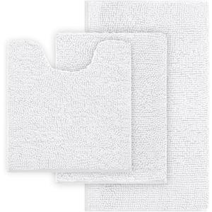 White Bathroom Rugs Chenille Bath Mat Set 3 Piece, Extra Soft, and Absorbent Shaggy Rugs, Machine Wash and Dry, Perfect Plush Carpet Mats for Tub, Shower, Bathroom Rug Mats