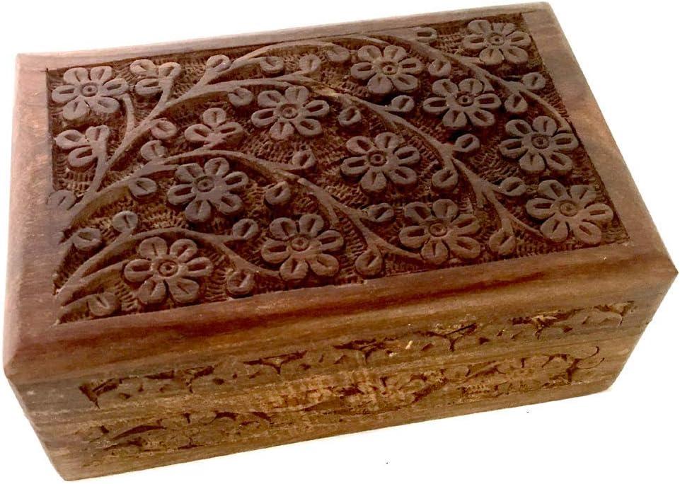 New Age Imports, Inc. GIFT IDEAS~ Floral Carved Handmade Wooden Box 4 inches by 6 inches~Ideal for storing Jewelry, Coins, Tartot cards, Small Treasures, URN Box & etc (Floral Carved 4"x6")