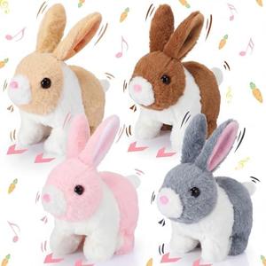 Halloscume 4 Pcs Interactive Bunny Toys for Kids 7" Easter Realistic Hopping Rabbit Plush Stuffed Electronic Walking Barking and Wagging Tail Bunny Toys for Birthday Easter Gift(Short Hair Rabbit)