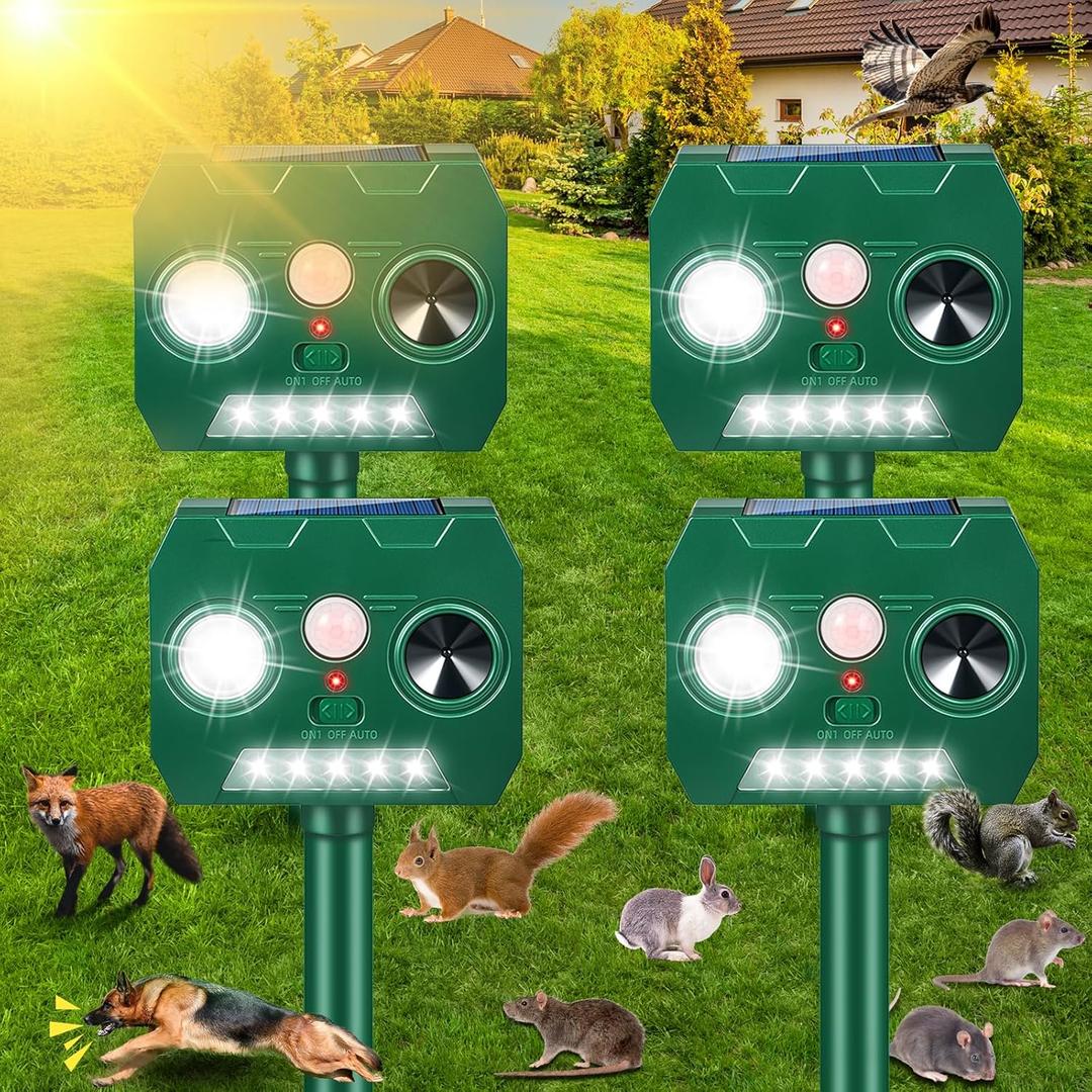 2025 Racoon Squirrel Sonic Fortress Pro, Solar Ultrasonic Animal Repeller Deer Rabbit Repellent Outdoor with Motion Sensor&Flash Light to Deterrent Cat Dog Skunk Out of Garden Farm Yard(4Pack)