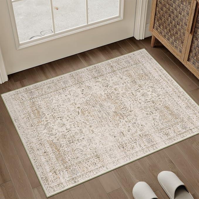 2x3 Washable Beige Area Rug Vintage Entryway Kitchen Carpet Non-Slip Soft Low Pile Distressed Indoor Small Throw Rug for Bedroom Bathroom Entrance