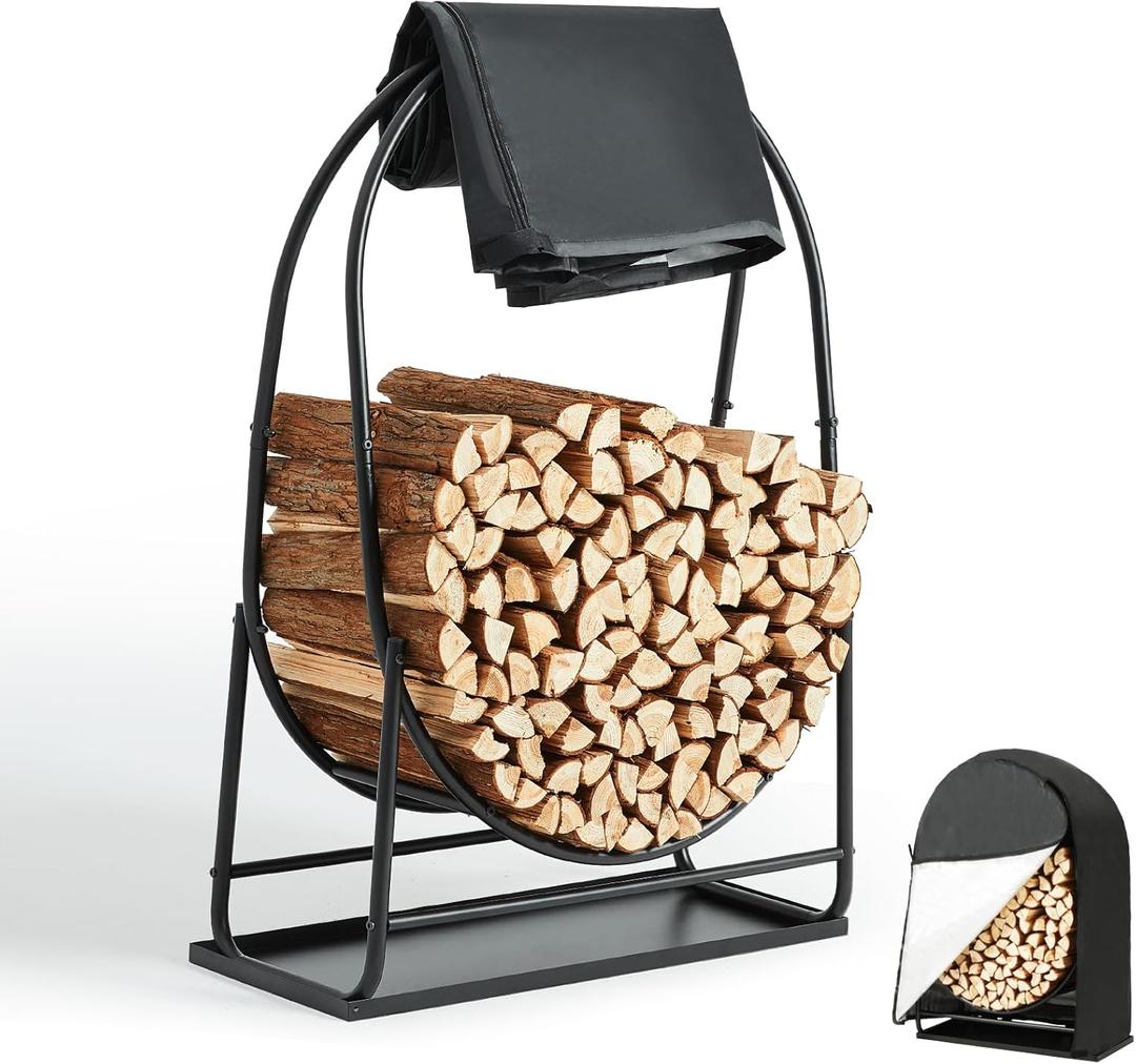35 Inches Firewood Log Rack Hoop with Cover & Tray, Heavy Duty Solid Steel Fire Wood Storage Rack and Cover Set with Zipper for Outdoor/Indoor, Round Log Holder with 33in Tray, Waterproof Cover
