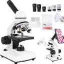 Compound Microscope, 2000x Magnification, with Smartphone Adapter, Slide Set, Dual LED Illumination System, Adult Microscope, Suitable for Beginners and Laboratory use (Monocular Microscope)