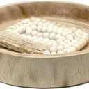 12.6" Wooden Round Hand-Carved Tray and A Wood Bead Tassel String Christmas Decor Decorative Centerpiece Paulownia Real Wood Serving Trays Wedding Farmhouse Decoration,Natural