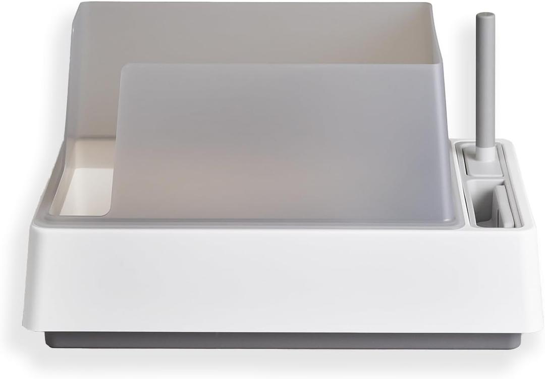 Tuft + Paw Cove Litter Box, High Sided Open Top Designer Litter Box for Large Cats, Built-in Scoop, Brush & Dustpan, Anti-Stick Plastic, Privacy Walls - White/Gray