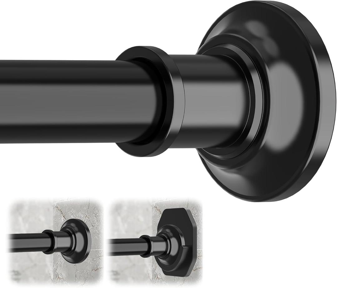 Tension Curtain Rod, Extra Long Outdoor Curtain Rod 43-120 Inch Adjustable, 1.1 Inch Diameter Thick Heavy Duty Black Shower Curtain Rod, Stainless Steel Shower Rod for Bathroom No Drilling, No Rust