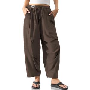 TARSE Women’s Linen Casual Pants Loose Fit Drawstring Waist Straight Leg Trousers Beach Travel Vacation Clothes with Pockets, Size M