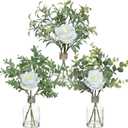 3 Pack Mini Fake Plants and Artificial Flowers with Faux Water in Vase,Silk Roses and Eucalyptus with Fake Water in Glass Vase for Centerpiece Table Decorations Kitchens Office Home decor (White)