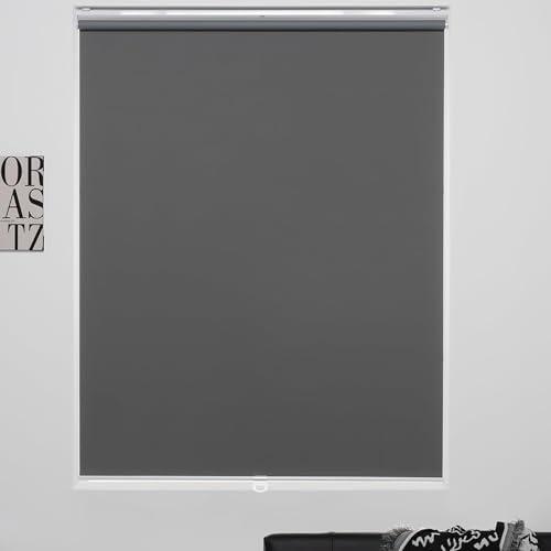 KALYSIE Cordless Roller Shades 100% Blackout Blinds for Windows and Doors, Pull Down Room Darkening Window Shades, Easy to Install for Home and Office, Grey, Fixed 75 Inches High, 70 Inches Width
