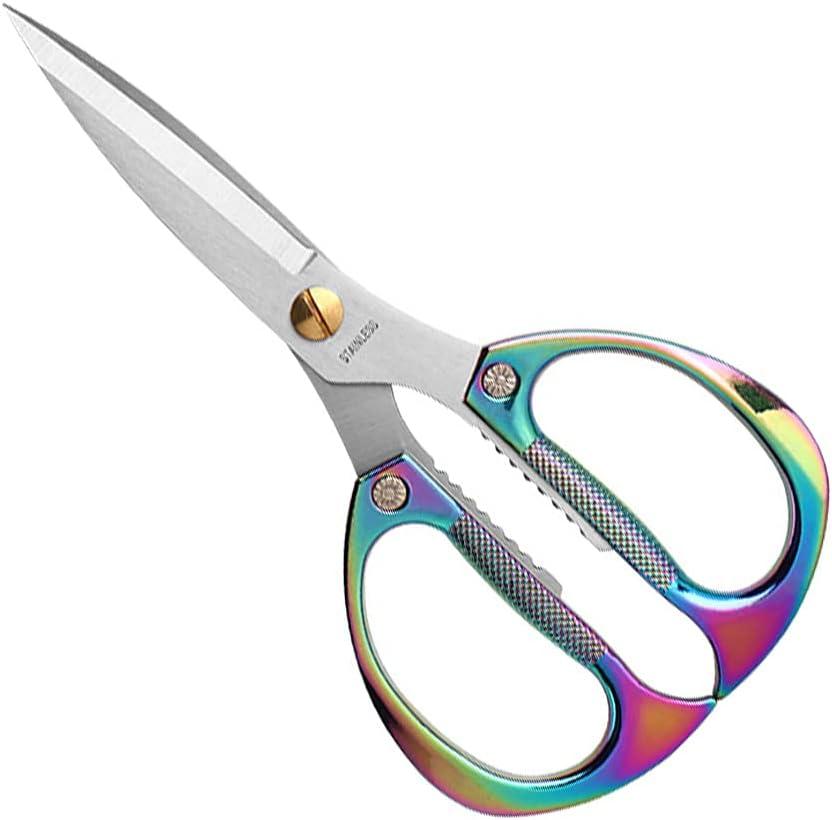 Multi-Purpose Kitchen Shears Scissors, Heavy Duty Stainless Steel Kitchen Scissors for Food with Strong Straight Edge Snips Colorful Handle (Iridescent Color)