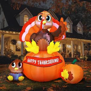 Joiedomi 6 ft Thanksgiving Inflatable Turkey on Pumpkin Decoration, LED Light Up Blow Up Turkey for Autumn Thanksgiving Family Party Dcor, Halloween Inflatable for Yard Garden
