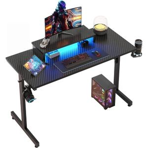 Bestier 42 inch Gaming Desk with LED Lights, Small Computer Gaming Table with Monitor Shelf, Gamer Desk with Headphone Hook, Kids Boys Computer Table with Black Carbon Fiber Texture