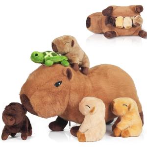 5 in 1 Capybara Plush, 14.2" Capybara Stuffed Animal with Babies Inside, Mommy Stuffed Capybara Plushies Pillow Toys with 4 Baby Capibaras Peluches for Kids Christmas Birthday Gifts Party Favors