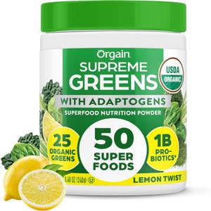 Orgain Supreme Greens Powder with 25 Organic Greens, 50 Superfoods, 1 Billion Probiotics, and Adaptogens, Vegan Greens for Gut Health and Immune Support, 1.5 Servings of Fruit and Veggies, Lemon Twist