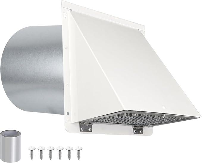 6 Inch Hooded Wall Vent with Screen and Damper,6 Inch Exhaust Vent Cover Cap for Outdoor Kitchen Range Hood Dryer Ventilation,Outside Wall Mount Extractor for House Air Exhaust,Galvanized Steel,White