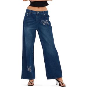 Forever 21 Women's Denim with Rhinestone Bows and Studs (8, Blue)