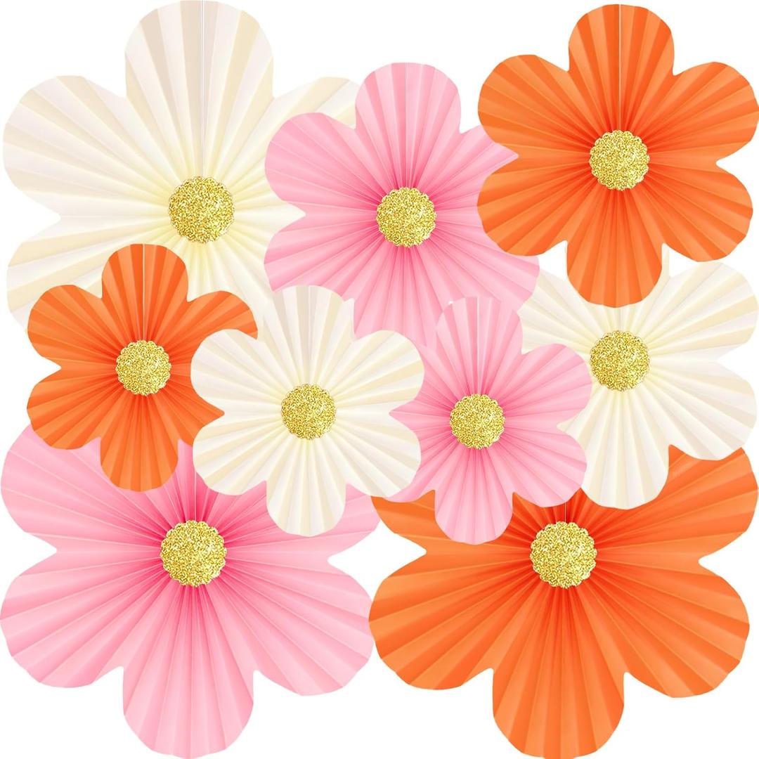 Pink and Orange Party Decorations Pink Paper Flowers Decorations for Wall 9pcs with 9 Gold Glitter Floral Centers Paper Fans Floral Backdrop Flower Wall Decor for Birthday Classroom Baby Shower, Guide