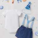 IMEKIS Baby Boys 1st 2nd Birthday Outfit Blue Bowtie Romper Suspenders Hat 3PCS Sets Cake Smash Photo Shoot (White, S) 12-18M